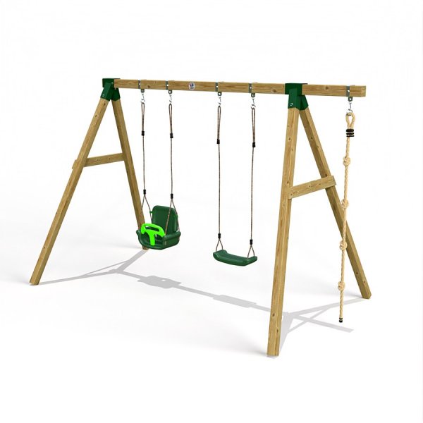Little Rascals Wooden Double Swing Set with 3 in 1 Baby Seat, Swing Seat & Climbing Rope 