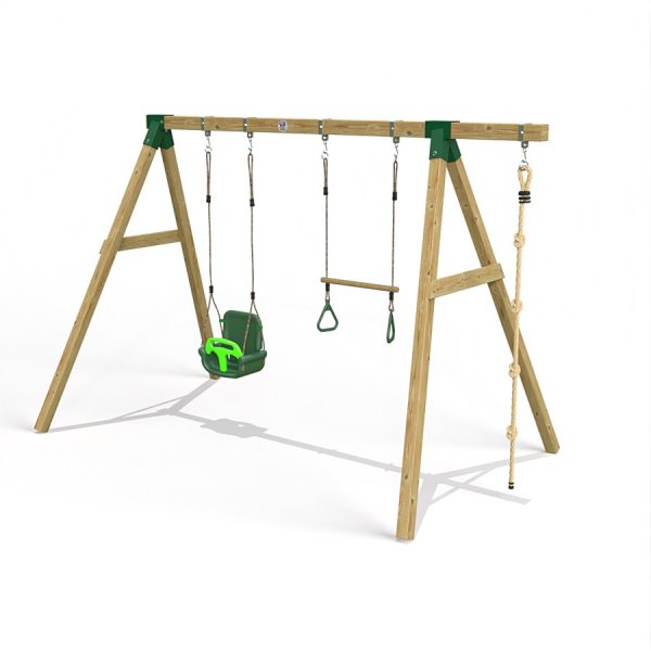 Little Rascals Wooden Double Swing Set with 3 in 1 Baby Seat, Trapeze Bar & Climbing Rope