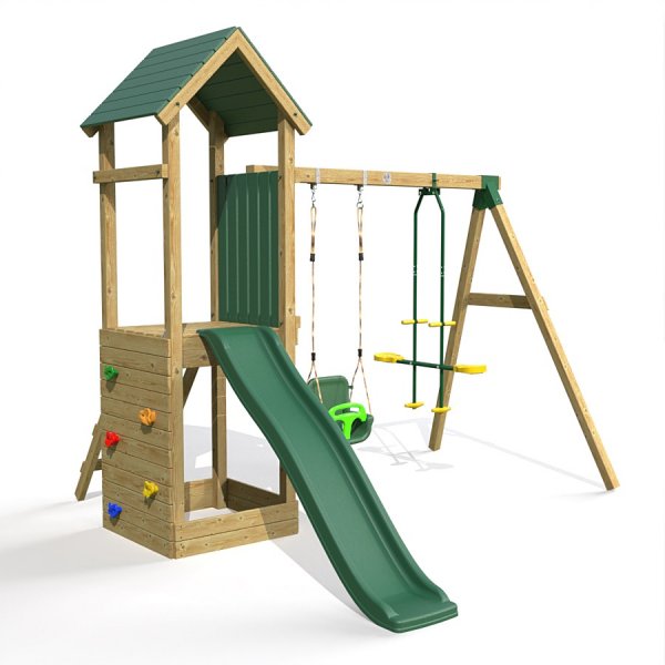 Little Rascals Wooden Climbing Frame & Double Swing Set with 3 in 1 Baby Seat & Glider.