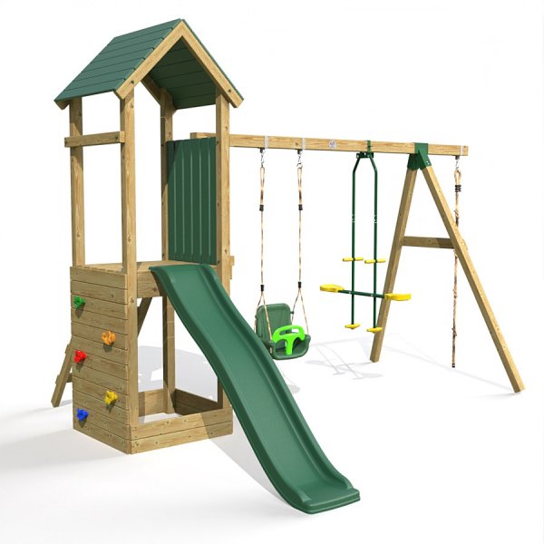 Little Rascals Wooden Climbing Frame & Double Swing Set with 3 in 1 Baby Seat, Glider & climbing rope.