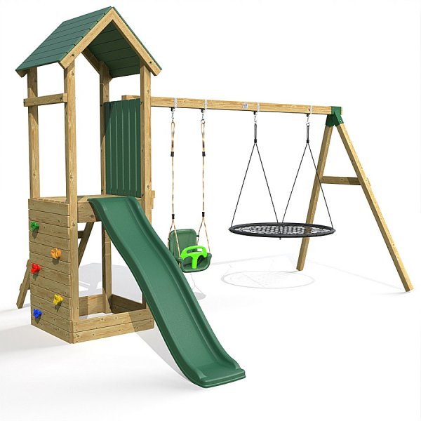 Little Rascals Wooden Climbing Frame & Double Swing Set with 3 in 1 Baby Seat & Nest Swing.