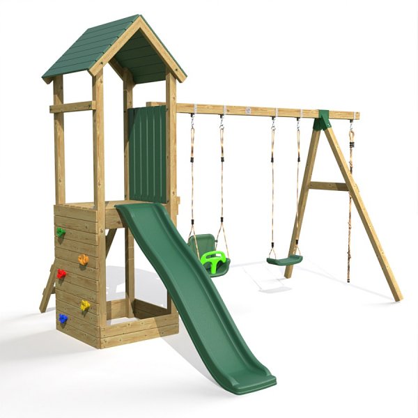 Little Rascals Wooden Climbing Frame & Triple Swing Set with 3 in 1 Baby Seat, Swing Seat & Climbing Rope.