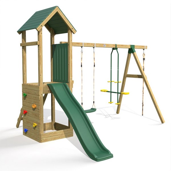 Little Rascals Wooden Climbing Frame & Double Swing Set with Swing Seat, Glider & Climbing Rope.