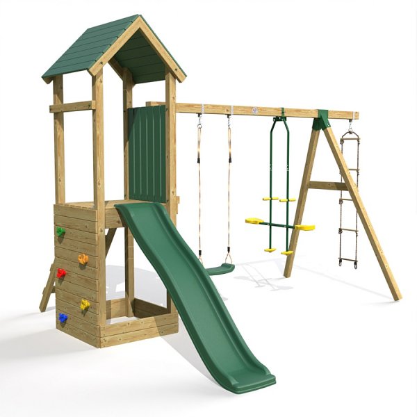 Little Rascals Wooden Climbing Frame & Triple Swing Set with Swing Seat Glider & Rope Ladder.