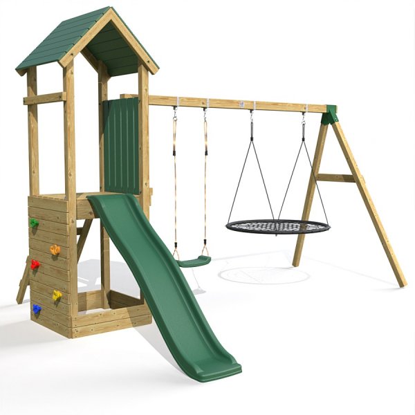 Little Rascals Wooden Climbing Frame & Double Swing Set with Swing Seat & Nest Swing.