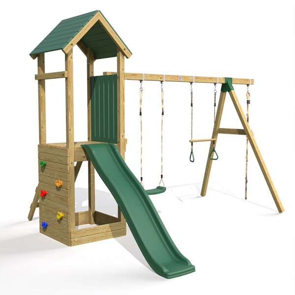 Little Rascals Wooden Climbing Frame & Triple Swing Set with Swing Seat, Trapeze Bar & Climbing Rope.