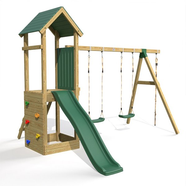 Little Rascals Wooden Climbing Frame & Triple Swing Set with 2 Swing Seats & Climbing Rope.