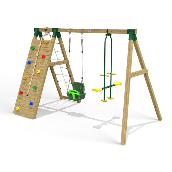 Little Rascals Wooden Double Swing set with Climbing Wall/Net, 3 in 1 Baby Seat & Glider