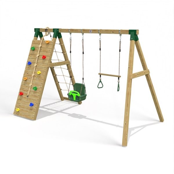 Little Rascals Wooden Double Swing Set with Climbing Wall/Net, 3 in 1 Baby Seat & Trapeze Bar