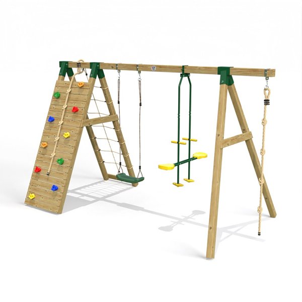 Little Rascals Wooden Double Swing Set with Climbing Wall/Net, Swing Seat, Glider & Climbing Rope