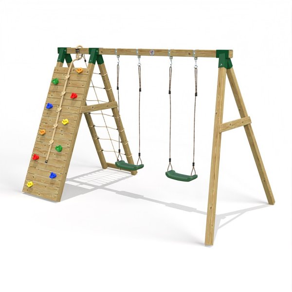 Little Rascals Wooden Double Swing Set with Climbing Wall/Net & 2 Swing Seats