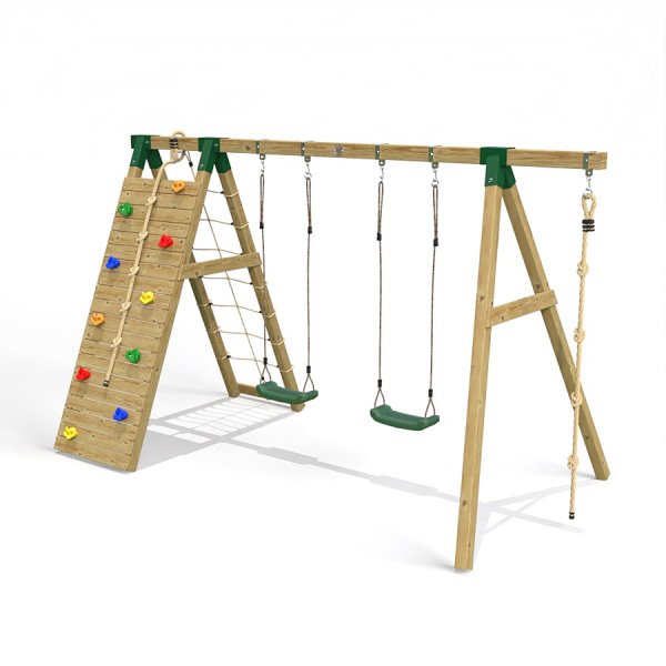 Little Rascals Wooden Double Swing Set with Climbing Wall/Net, 2 Swing Seats & Climbing Rope 