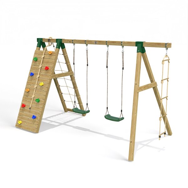 Little Rascals Wooden Double Swing Set with Climbing Wall/Net, 2 Swing Seats & Rope Ladder