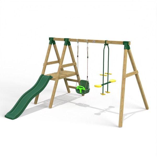 Little Rascals Wooden Double Swing Set with Slide, 3 in 1 Baby Seat & Glider