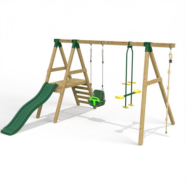 Little Rascals Wooden Double Swing Set with Slide, 3 in 1 Baby Seat, Glider & Climbing Rope