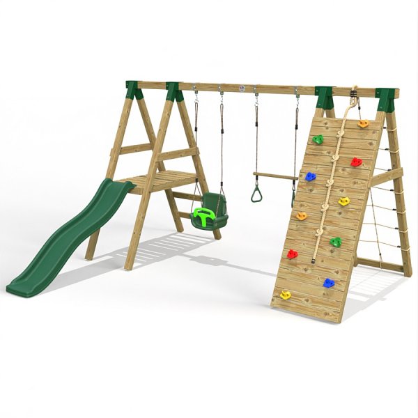 Little Rascals Wooden Double Swing Set with Slide, Climbing Wall/Net, 3 in 1 Baby Seat & Trapeze Bar