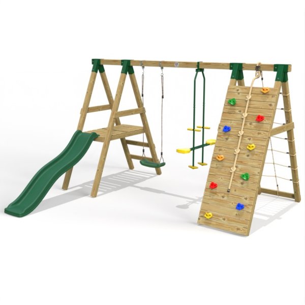 Little Rascals Wooden Double Swing Set with Slide, Climbing Wall/Net, Swing Seat & Glider