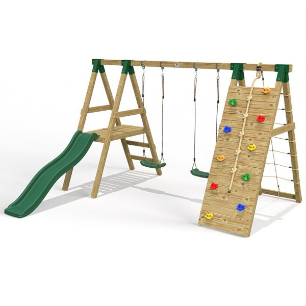 Little Rascals Wooden Double Swing Set with Slide, Climbing Wall/Net & 2 Swing Seats