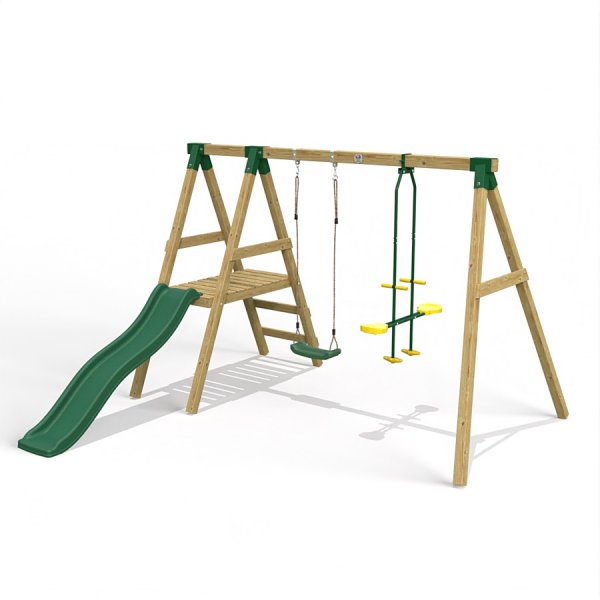 Little Rascals Wooden Double Swing Set with Slide, Swing Seat & Glider