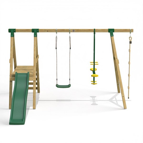 Little Rascals Wooden Double Swing Set with Slide, Swing Seat, Glider & Climbing Rope