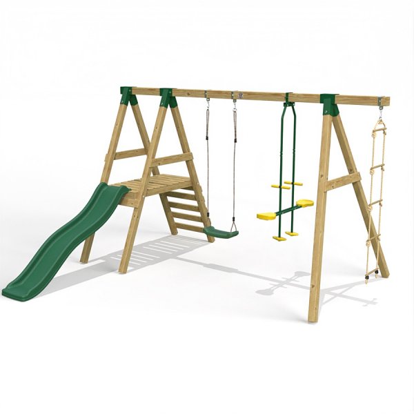 Little Rascals Wooden Double Swing Set with Swing Seat, Glider & Rope Ladder 