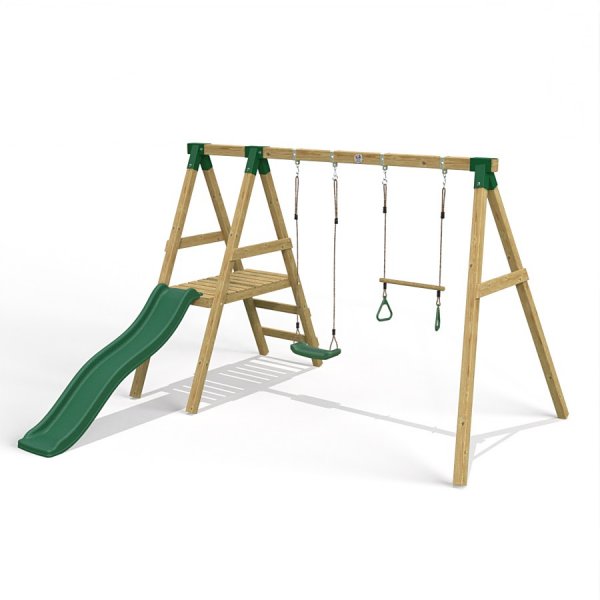 Little Rascals Wooden Double Swing Set with Slide, Swing Seat & Trapeze Bar