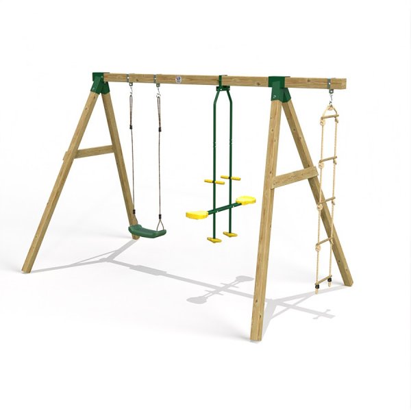 Little Rascals Wooden Double Swing Set with Swing Seat Glider & Rope Ladder
