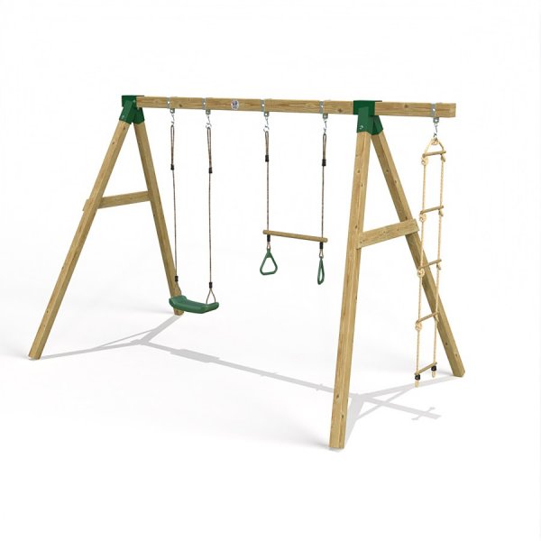 Little Rascals Wooden Double Swing Set with Swing Seat, Trapeze Bar & Rope Ladder