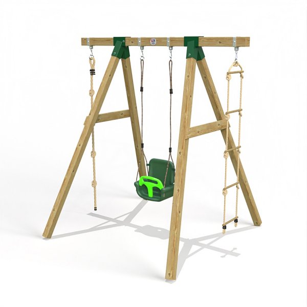 Little Rascals Wooden Single Swing Set with 3 in 1 Baby Seat, Climbing Rope & Rope Ladder