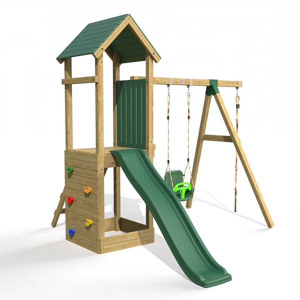 Little Rascals Wooden Climbing Frame & Double Swing Set with 3 in 1 Baby Seat & Climbing Rope.