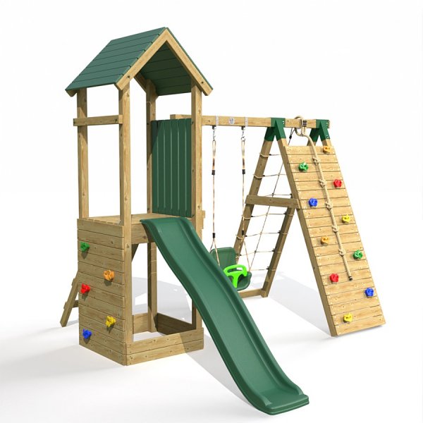 Little Rascals Wooden Climbing Frame & Single Swing Set with Climbing Wall/Net & 3 in 1 Baby Seat.