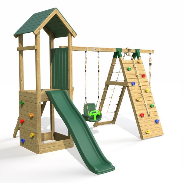 Little Rascals Wooden Climbing Frame & Double Swing Set with Climbing Wall/Net, 3 in 1 Baby Seat & Climbing Rope.