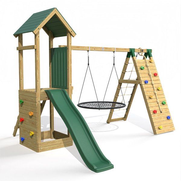 Little Rascals Wooden Climbing Frame & Single Swing Set with Climbing Wall/Net & Nest Swing.