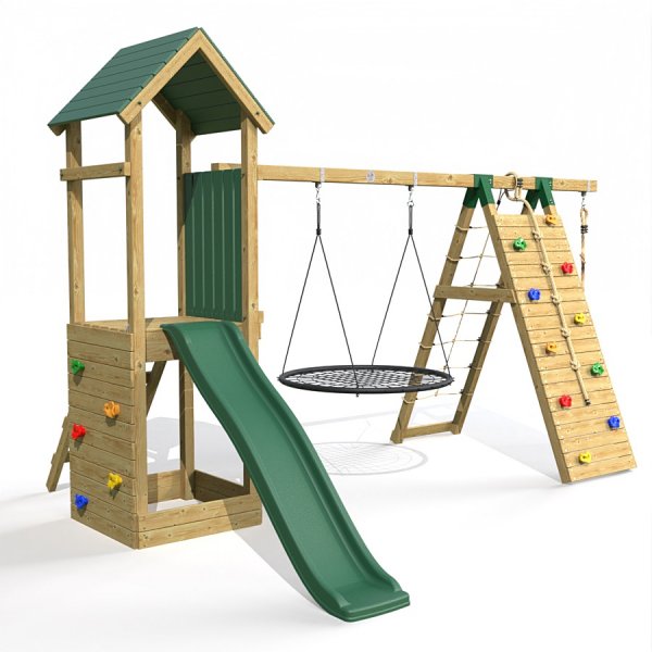 Little Rascals Wooden Climbing Frame & Single Swing Set with Climbing Wall/Net, Nest Swing & Climbing Rope.