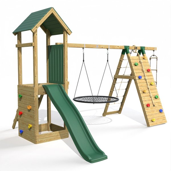 Little Rascals Wooden Climbing Frame & Double Swing Set with Climbing Wall/Net, Nest Swing & Rope Ladder.