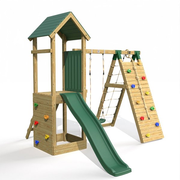 Little Rascals Wooden Climbing Frame & Single Swing Set with Climbing Wall/Net & Swing Seat.