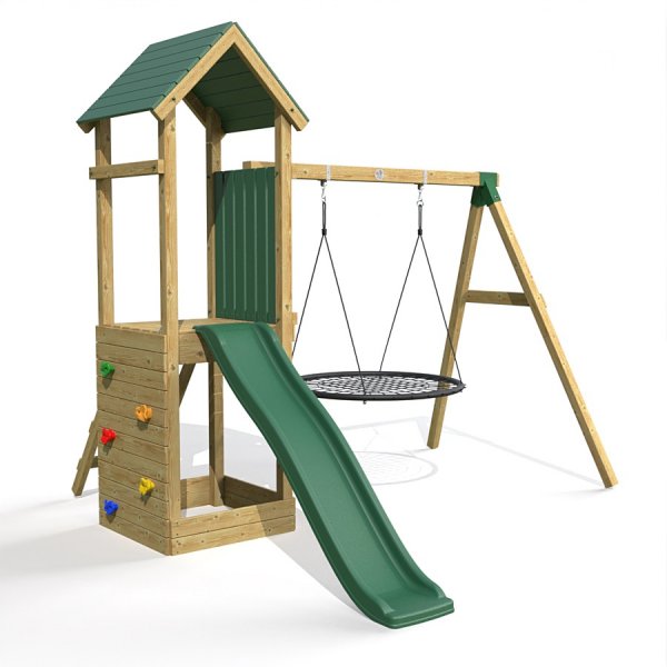 Little Rascals Wooden Climbing Frame & Single Swing Set with Nest Swing.