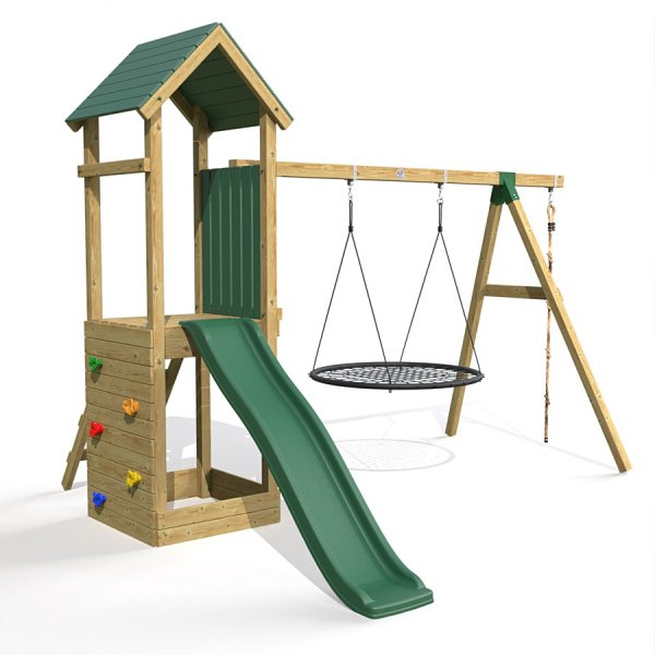 Little Rascals Wooden Climbing Frame & Double Swing Set with Nest Swing & Climbing Rope.