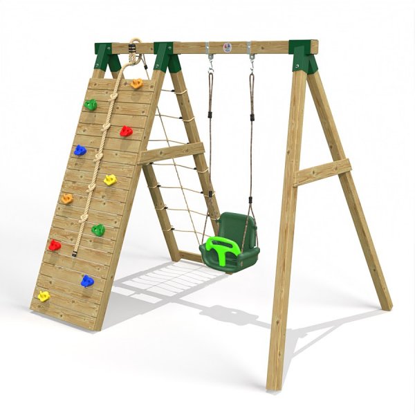 Little Rascals Wooden Single Swing Set with Climbing Wall/Net & 3 in 1 Baby Seat