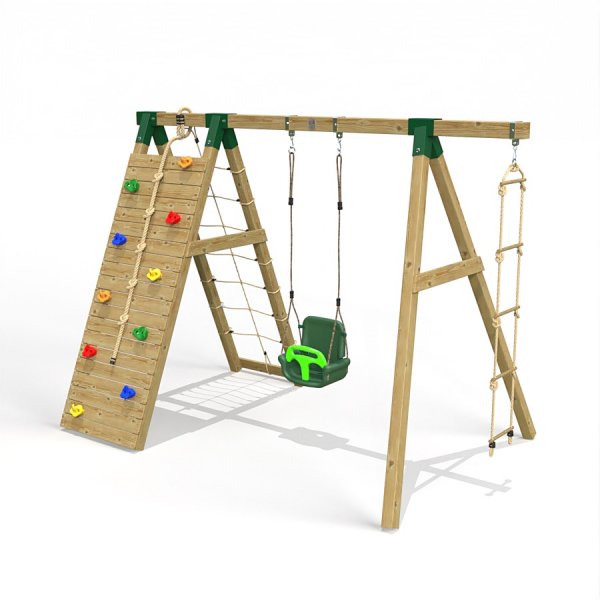 Little Rascals Wooden Single Swing Set with Climbing Wall/Net, 3 in 1 Baby Seat & Rope Ladder 