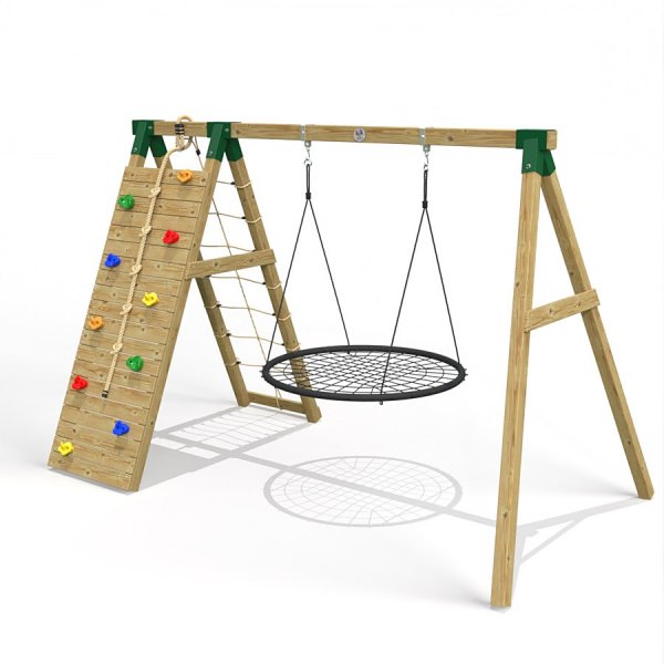 Little Rascals Wooden Single Swing set with Climbing Wall/Net & Nest Swing