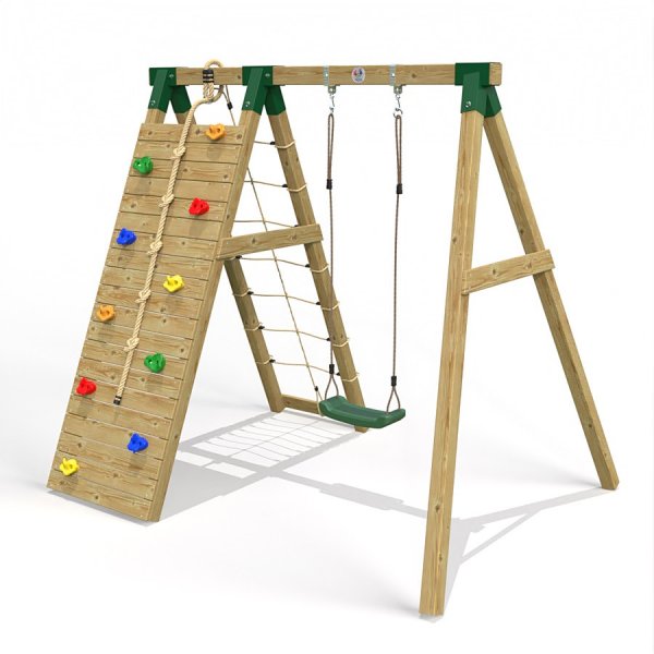 Little Rascals Wooden Single Swing Set with Climbing Wall/Net & Swing Seat