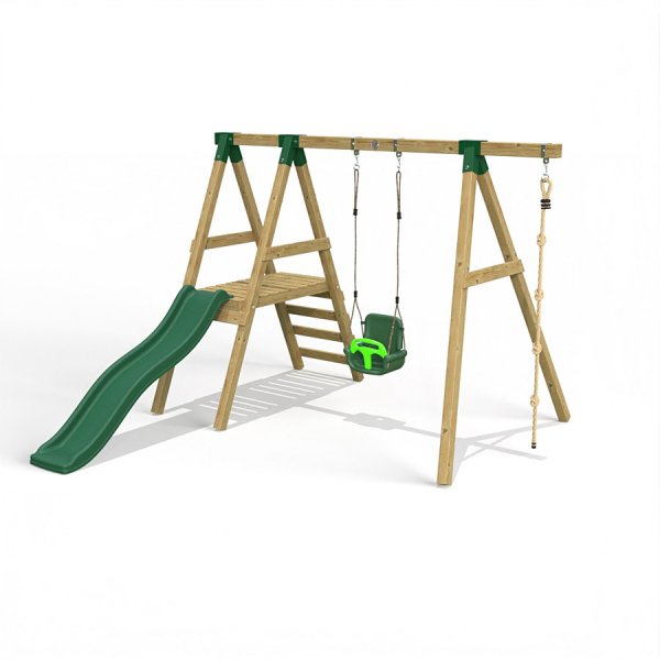 Little Rascals Wooden Single Swing Set with Slide, 3 in 1 Baby Seat & Climbing Rope