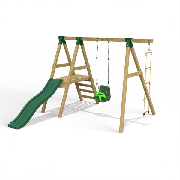 Little Rascals Wooden Single Swing Set with Slide, 3 in 1 Baby Seat & Rope Ladder