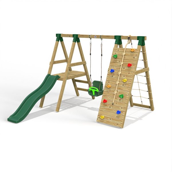 Little Rascals Wooden Single Swing Set with Slide, Climbing Wall/Net & 3 in 1 Baby Seat