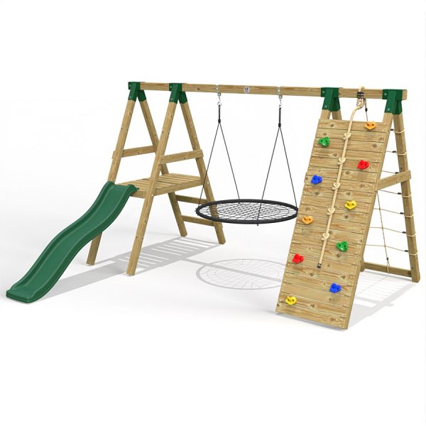Little Rascals Wooden Single Swing Set with slide, climbing wall with net & nest swing