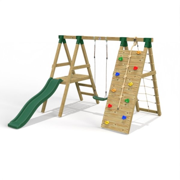 Little Rascals Wooden Single Swing Set with Slide, Climbing Wall/Net & Swing Seat
