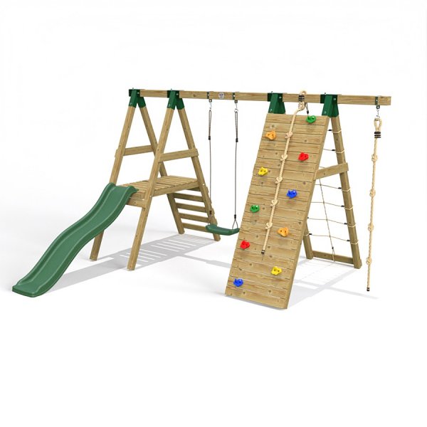 Little Rascals Wooden Single Swing Set with Slide, Climbing Wall/Net, Swing Seat & Climbing Rope