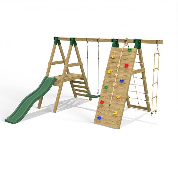 Little Rascals Wooden Single Swing Set with Slide, Climbing Wall/Net, Swing Seat & Rope Ladder