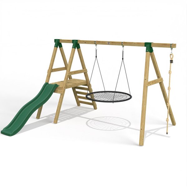 Little Rascals Wooden Single Swing Set with Slide, Nest Swing & Climbing Rope